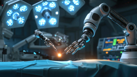 A robotic arm performing precise incisions in a surgical procedure, highlighting the future of medical technology.の素材