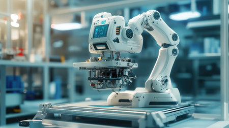 A robot operating a 3D printer in a high-tech factory, showcasing innovation in manufacturing.の素材