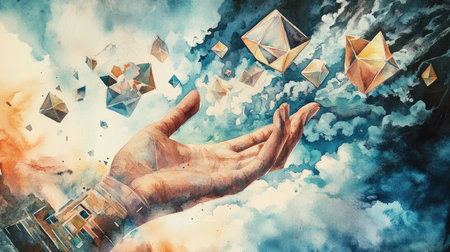 A surreal watercolor of a giant hand reaching down from the sky, its fingers grasping at floating geometric shapes and swirling clouds.の素材