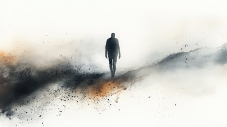 An eerie watercolor painting of a figure walking through a foggy landscape, their body dissolving into abstract splashes of color.の素材