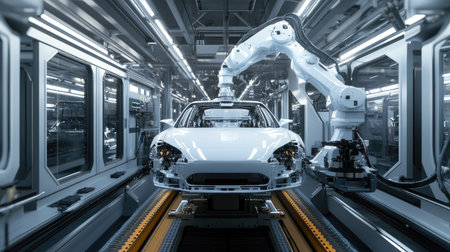 An automated robot painting a car in a clean factory environment, demonstrating cutting-edge technology in manufacturing.の素材