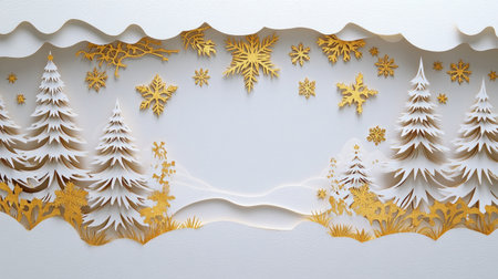 Christmas-themed paper cutout art with golden snowflakes and trees, creating a festive winter scene perfect for holiday designs.の素材