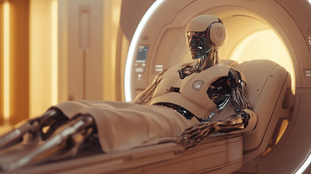 Advanced medical robot conducting an MRI scan, showcasing precision in diagnostic imaging.の素材