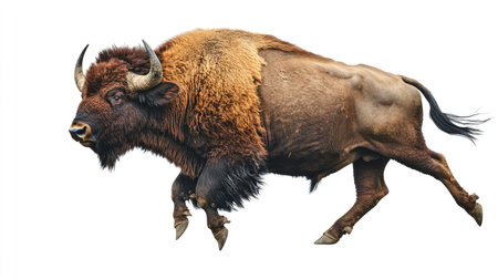 Buffalo illustration in a dynamic charging pose, isolated on a white background. Ideal for die-cut and transparent clipart designs.の素材