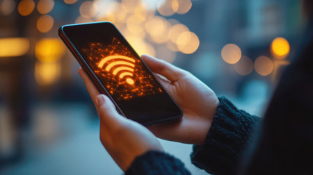 High-res image of hands holding a smartphone with a glowing wireless icon, symbolizing easy access to fast internet on-the-go.の素材