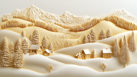 Golden paper cutout winter landscape with snow-covered hills, pine trees, and a cozy village, evoking a peaceful Christmas scene.の素材