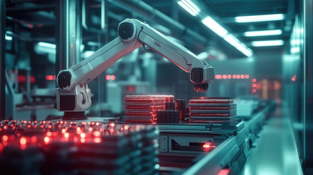 Robotic arm stacking products in a modern, high-tech factory. The image showcases precision and efficiency in industrial automation.の素材