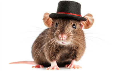 High-res clipart of a rat wearing a tiny hat, standing on a white background. Isolated illustration for creative and whimsical projects.の素材