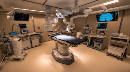 Robotic surgical system in a cutting-edge operating room, assisting surgeons with precision and care.の素材