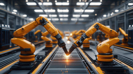Robots welding metal structures in a modern factory, illustrating advanced manufacturing processes.の素材