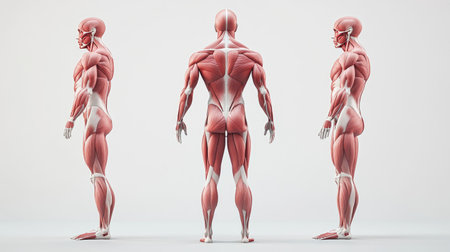 3D medical illustration of the muscular system, showcasing muscle groups from head to toe in an anatomically accurate viewの素材