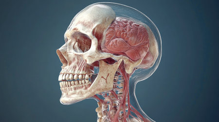 3D anatomical image of a human skull, with labeled bones and features, focusing on the structure of the headの素材