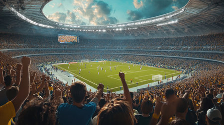 A dramatic shot of a stadium during a thrilling sports match, with players in action and a sea of enthusiastic fans cheering in the stands.の素材