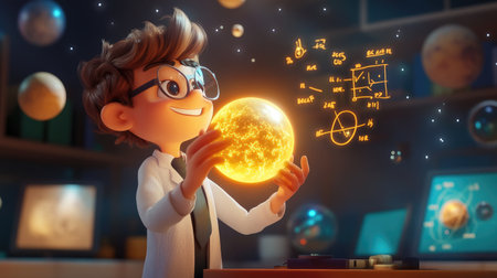 A playful 3D cartoon scene of a scientist holding a glowing planet, with floating equations and space objects in the background, symbolizing astronomy and discoveryの素材