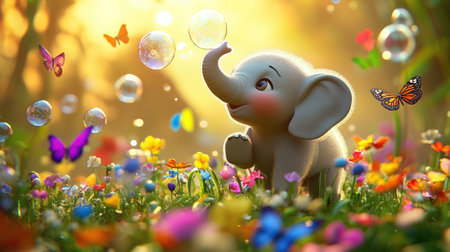Cute little 3D elephant blowing bubbles with its trunk in a bright, colorful meadow, with butterflies and flowers surrounding itの素材