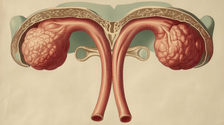 Medical diagram of the female reproductive system, showcasing ovaries, fallopian tubes, and uterus in an educational anatomy imageの素材