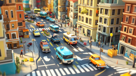 Cartoon 3D city during rush hour, with animated cars and buses moving through streets filled with quirky buildings and playful charactersの素材