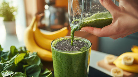Detailed shot of someone blending a green smoothie with fresh spinach, bananas, and chia seeds in a bright kitchen, promoting balanced nutrition and wellnessの素材