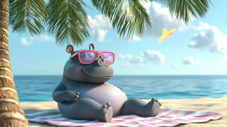 Charming 3D cartoon hippo wearing sunglasses, lounging on a beach towel under a palm tree, enjoying a sunny day by the oceanの素材
