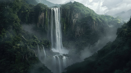 An awe-inspiring image of a towering waterfall cascading down a rocky cliff, surrounded by lush forests and mist, symbolizing adventurous travel and natural beautyの素材