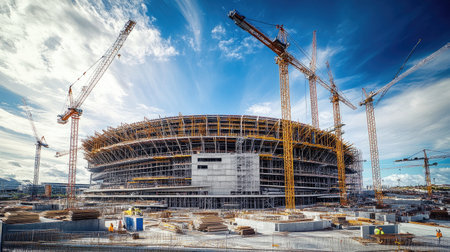 A stadium under construction, with cranes and scaffolding around the structure, capturing the dynamic process of building a major sports venue.の素材