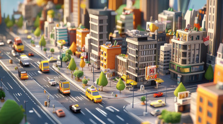 Bright 3D cartoon cityscape with modern buildings, playful streets, and animated vehicles buzzing through the urban environment, creating a lively atmosphereの素材