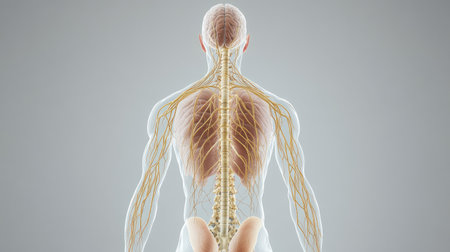 Medical illustration of the nervous system, showing the spinal cord and branching nerves in a detailed anatomical viewの素材