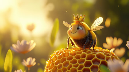 Cute 3D cartoon bee wearing a tiny crown, sitting proudly on top of a golden honeycomb throne in the center of a sunlit gardenの素材