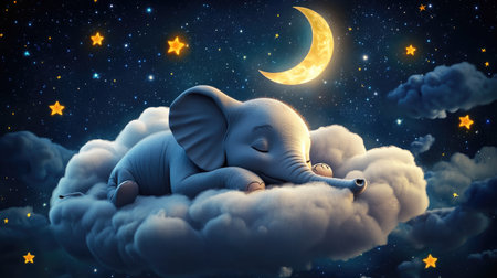 Adorable 3D baby elephant sleeping on a cloud, with stars twinkling around it and a soft moon lighting up the peaceful night skyの素材