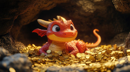 A playful 3D cartoon dragon curled up in a cave filled with gold coins and treasure, with exaggerated eyes and a friendly expression, perfect for a fun fantasy sceneの素材