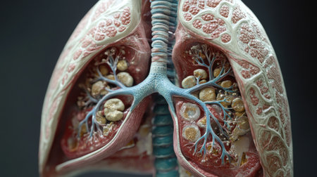 Cross-section of a human lung, showing the bronchi, alveoli, and other respiratory structures in a 3D anatomical modelの素材