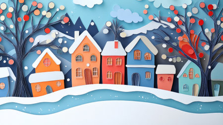 A papercut winter village scene with houses, trees, and snow, complemented by playful abstract shapes for a modern twist.の素材