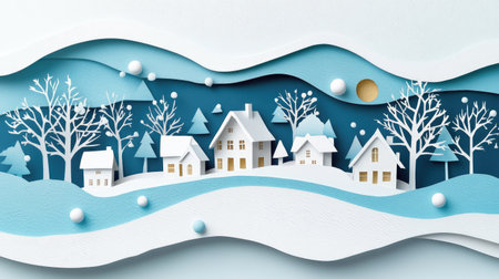 A peaceful papercut winter village with snowy trees and houses, paired with minimalist abstract shapes for a unique seasonal design.の素材
