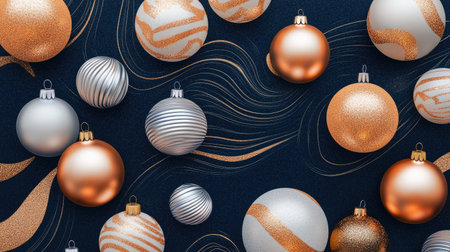 A mix of festive Christmas baubles in metallic hues set against a navy blue background with geometric abstract shapes.の素材