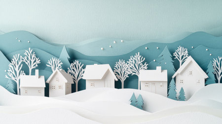 A serene winter village made of papercut houses, snow, and trees, blended with geometric abstract shapes on a soft winter backdrop.の素材