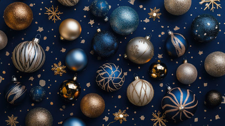 A mix of festive Christmas baubles in metallic hues set against a navy blue background with geometric abstract shapes.の素材