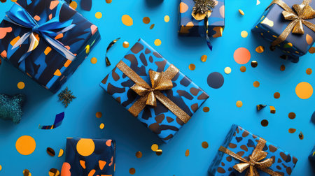 Blue and gold Christmas gifts paired with confetti and bold abstract shapes on a vibrant blue backdrop, adding a modern holiday flair.の素材