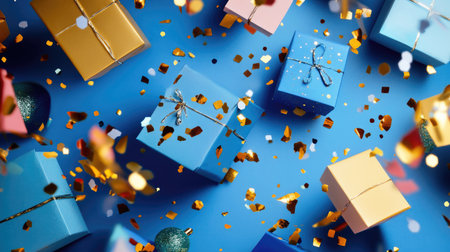 Blue and gold Christmas gift boxes with shimmering confetti scattered on a bright blue background, accented by playful abstract shapes.の素材