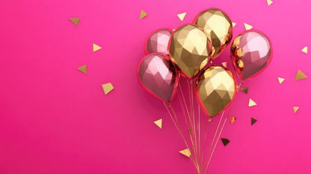 Elegant gold balloons floating over a bright pink background with geometric abstract shapes, ideal for party or event decor.の素材
