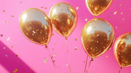 Floating gold balloons over a bold pink background, surrounded by abstract shapes, setting a fun and glamorous party vibe.の素材