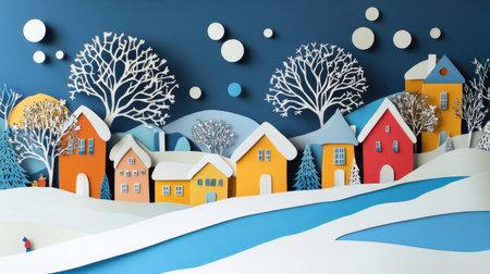A papercut winter village scene with houses, trees, and snow, complemented by playful abstract shapes for a modern twist.の素材