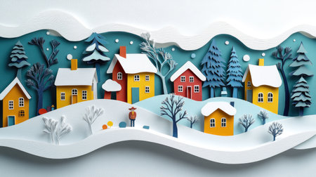 A papercut winter village scene with houses, trees, and snow, complemented by playful abstract shapes for a modern twist.の素材