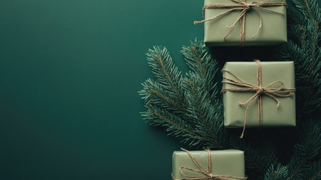 Festive green gift boxes with pine branches on a bold green background, creating a natural, minimalist holiday aesthetic.の素材