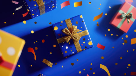 Blue and gold Christmas gifts paired with confetti and bold abstract shapes on a vibrant blue backdrop, adding a modern holiday flair.の素材