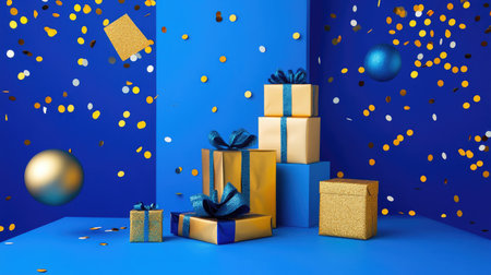 Blue and gold Christmas gifts paired with confetti and bold abstract shapes on a vibrant blue backdrop, adding a modern holiday flair.の素材