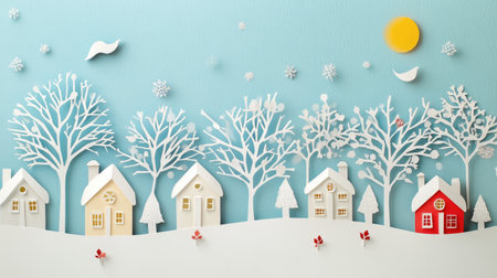 Charming winter village made of papercut houses, snow-covered trees, and abstract shapes, creating a serene seasonal scene.の素材