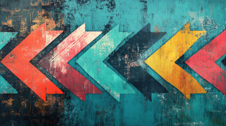 Colorful, abstract arrows layered with grunge textures on a teal background, offering a striking and creative design.の素材