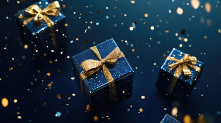 Elegant blue and gold gift boxes surrounded by sparkling confetti on a deep blue backdrop, enhanced with modern abstract shapes.の素材