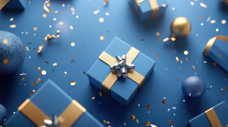 Christmas gift boxes in blue and gold, surrounded by shimmering confetti and geometric abstract shapes on a sleek blue backdrop.の素材