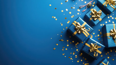 Elegant blue and gold gift boxes with confetti and minimalistic abstract shapes on a bright blue background, ideal for a festive holiday design.の素材